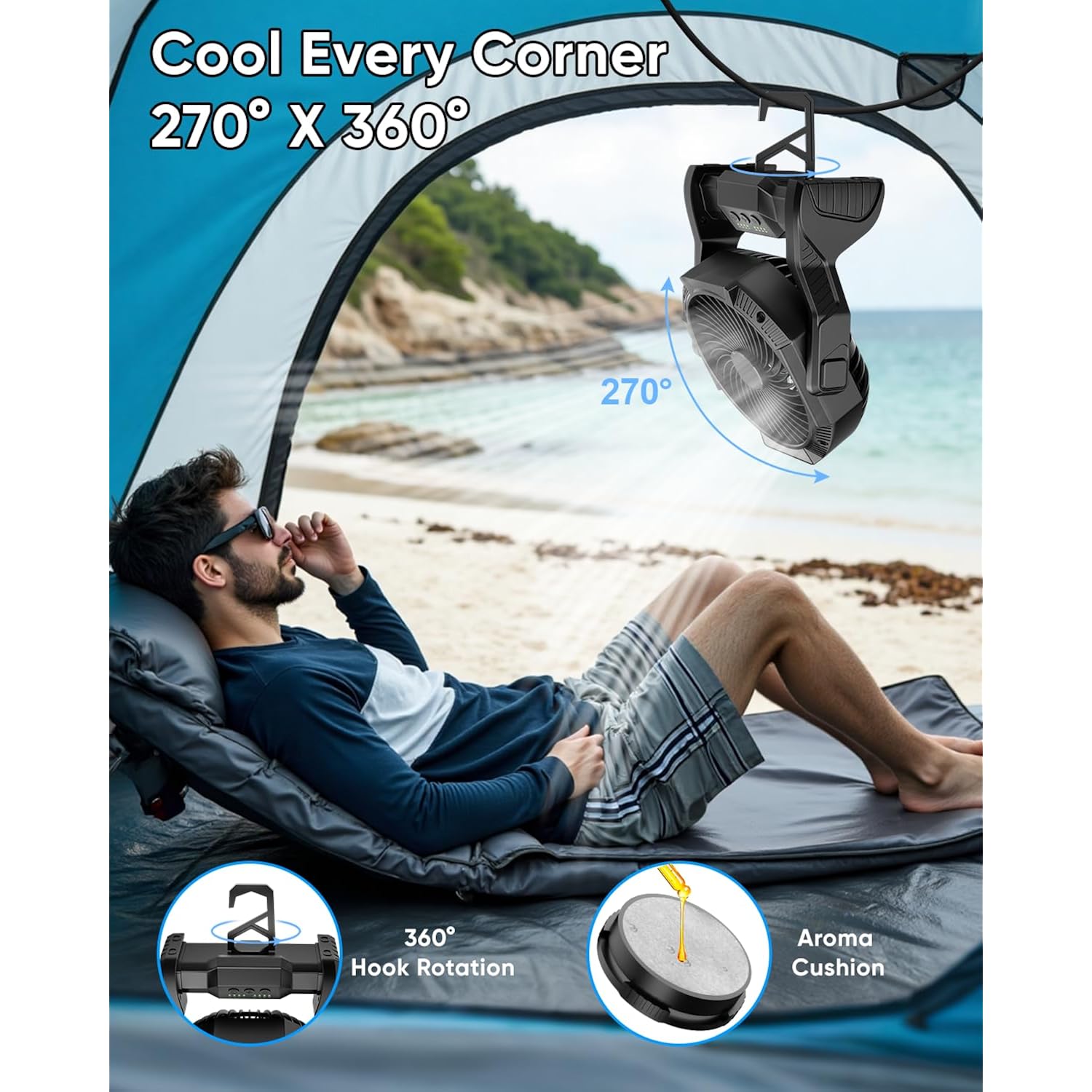 Portable Rechargeable Fan, 20000Mah Battery Powered Camping Fan With Led Light & Hook, 270° Adjustable, 4-Speed, 4H Timer Camping Essentials For Outdoor Tent Travel Bbq Car, Gifts For Men Dad