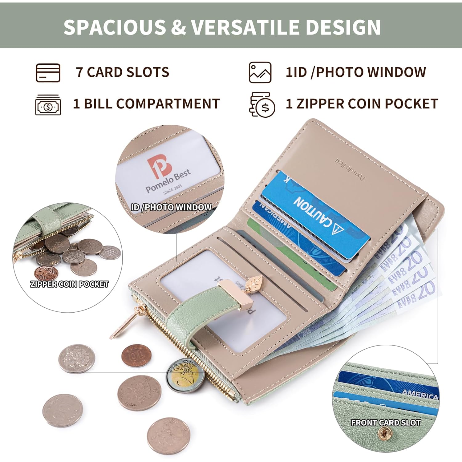 Pomelo Best Small Wallet Women RFID Blocking Bifold Soft Leather Card Holder with ID Window Zipper Coin Pocket Wallets for Women Green