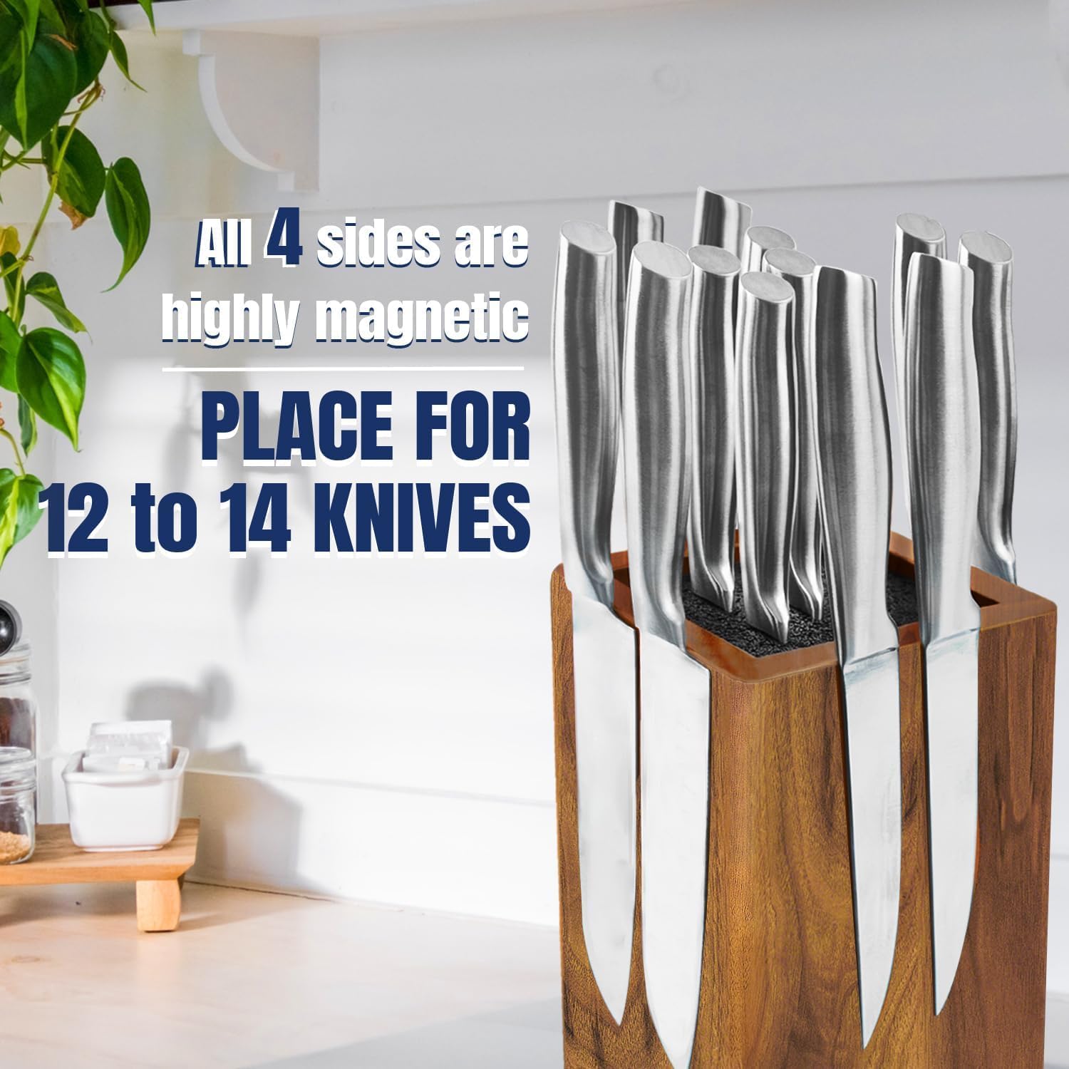 Dmore Magnetic Knife Block Without Knives, 360° Rotatable Magnet Knife Holder Stand Made Of Fine Acacia Wood, Extra Large Capacity Knife Storage For Knives And Utensils For Kitchen Counter Top
