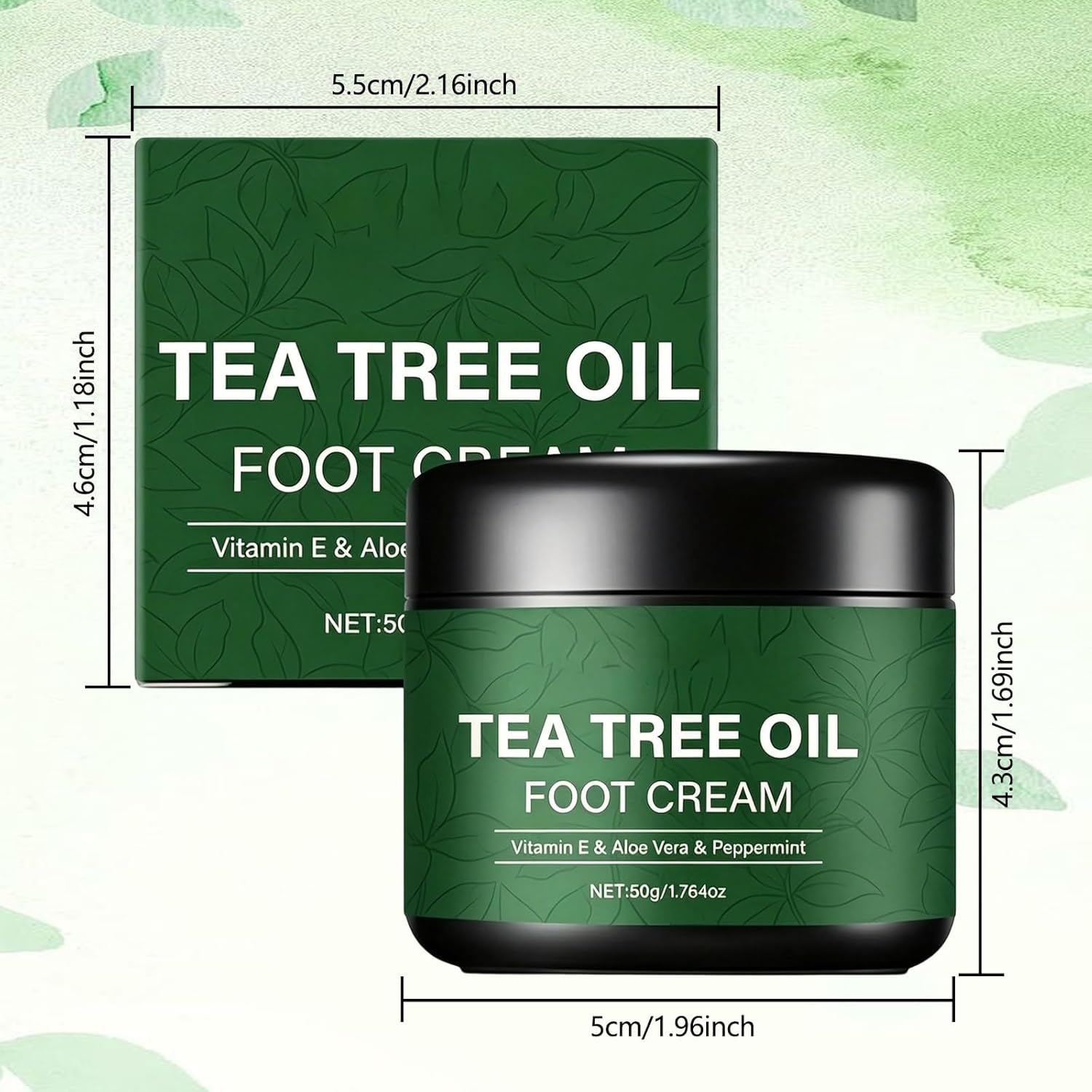 2Pcs Pure Tea Tree Oil Foot Cream with Vitamin E, Aloe Vera & Peppermint, Nourishing & Hydrating, for Dry Cracked Feet, Hands, Heels, Elbow, Nails, and Knees, Smooth Application-50g/1.764oz