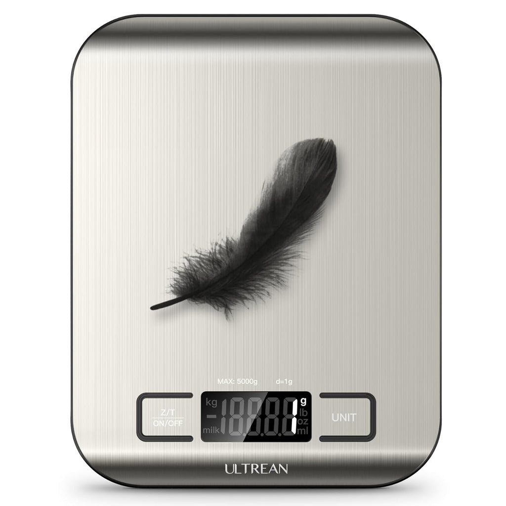 Ultrean Food Scale, Digital Kitchen Scale With Lcd Display, Weight Grams And Ounces For Baking Cooking And Meal Prep, 6 Units With Tare Function, 304 Stainless Steel, 11Lb (Batteries Included)