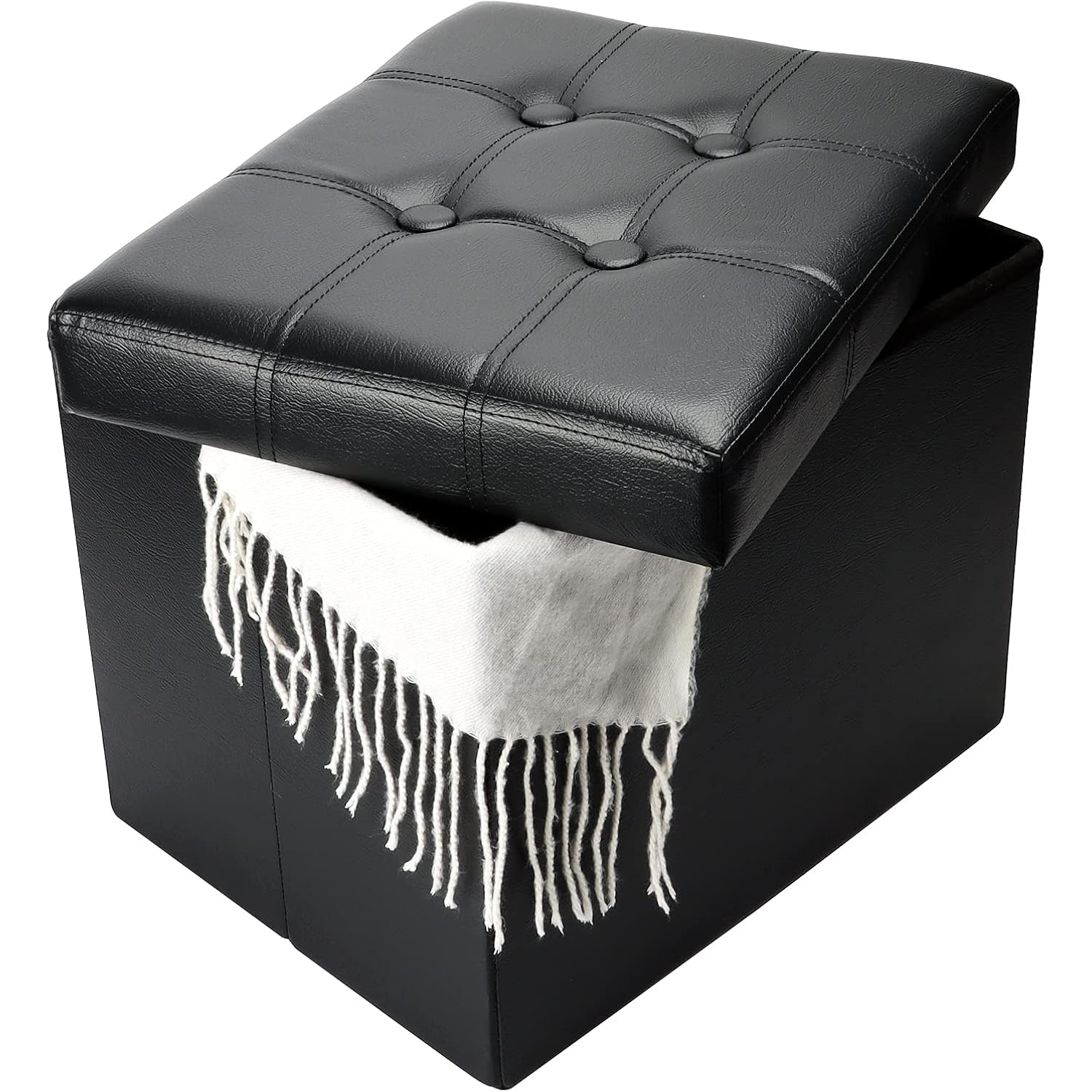 Bsketa Storage Ottoman, Folding Foot Stool With Thicker Foam Padded Seat Small Leather Storage Ottoman Bench Foot Rest For Living Room Foldable Coffee Table 17X13X13In,Black