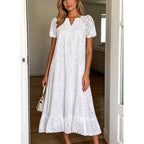 Chouyatou Women Summer Ruffle Hem Floral Lace Eyelet Dress Casual Notch Neck Midi Tunic Dress With Pocket
