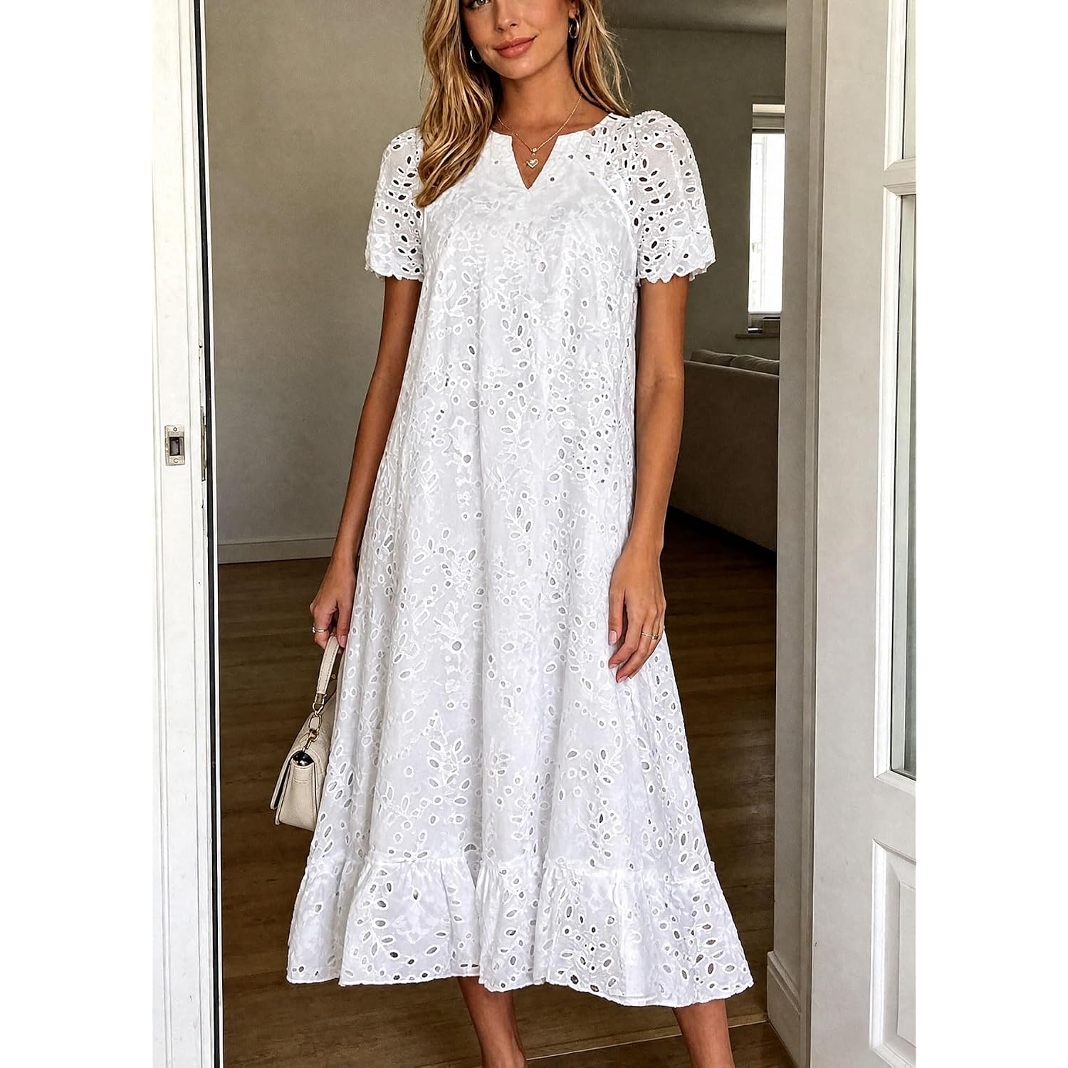Chouyatou Women Summer Ruffle Hem Floral Lace Eyelet Dress Casual Notch Neck Midi Tunic Dress With Pocket