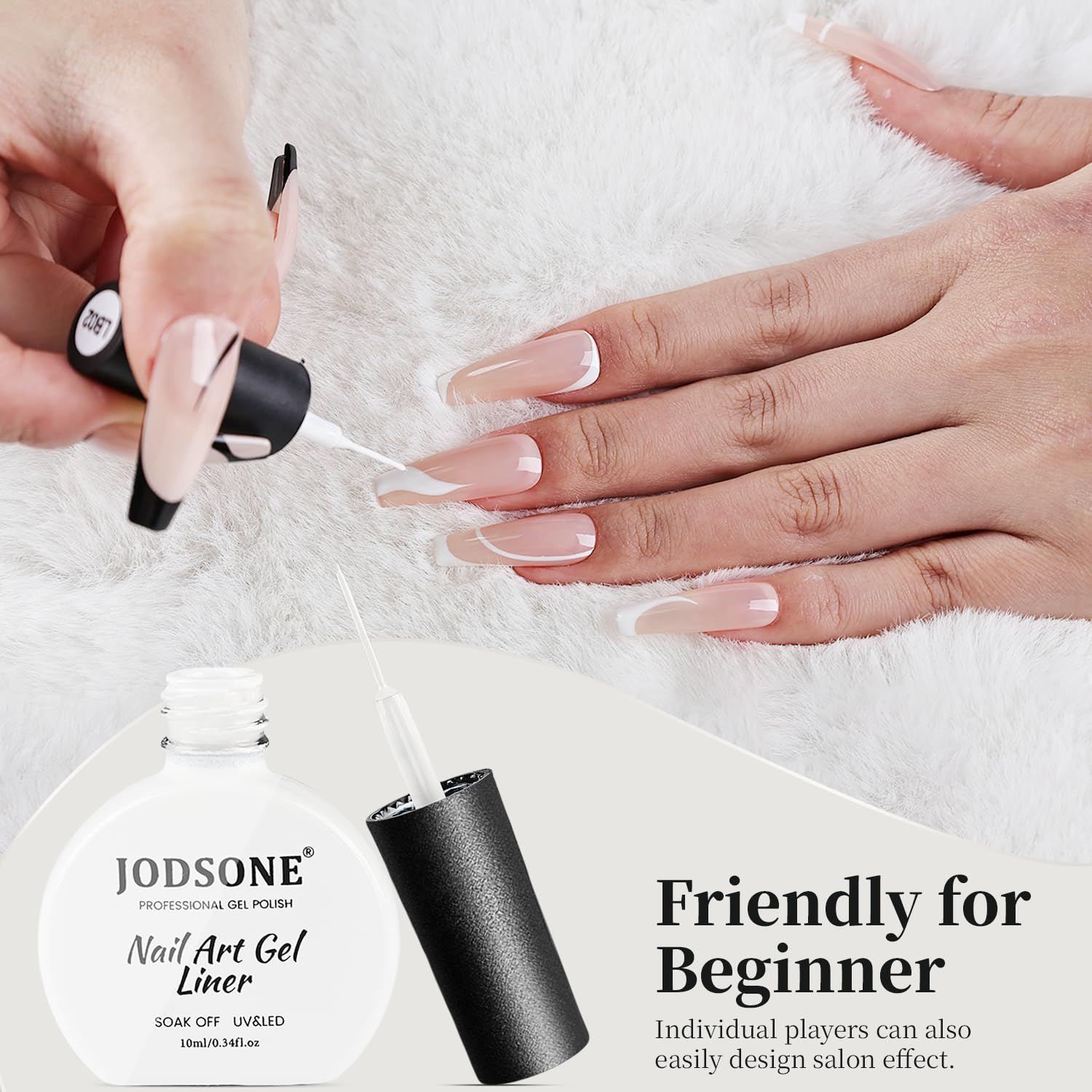 JODSONE White Swirl Nail Art Liner Gel Polish,10ml Classic Color 3D Nail Art Pens Effect Nail Print Design with Thin Brush for French Tips Manicure Painting DIY at Home - LB02