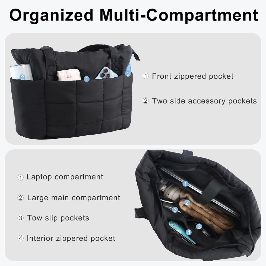 U+U Puffer Tote Bag For Women, Quilted Work Handbag With Compartments, Puffy Shoulder Bag With Yoga Mat Strap For Daily, Gym