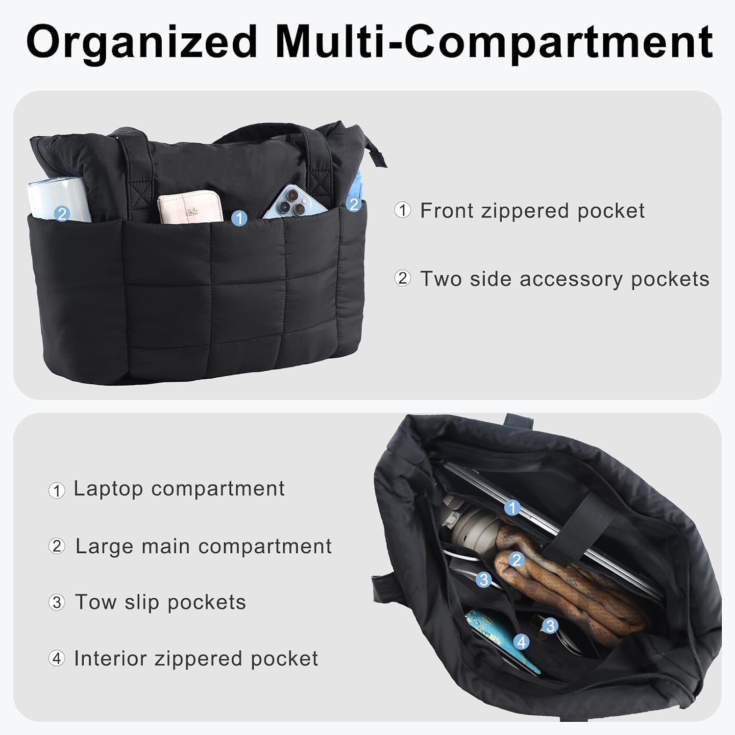 U+U Puffer Tote Bag For Women, Quilted Work Handbag With Compartments, Puffy Shoulder Bag With Yoga Mat Strap For Daily, Gym