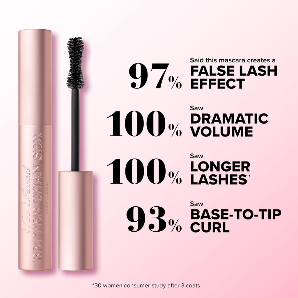 Too Faced Better Than Sex Volumizing And Lengthening Mascara | Vegan Formula, Dramatic Volume And Length | Cruelty-Free Eye Makeup + Hourglass Brush For False Lash Effect