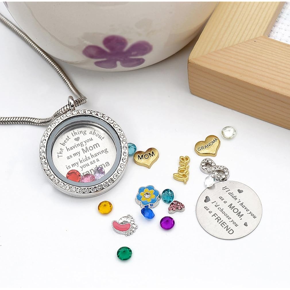 Best Gift Floating Charm Living Memory Lockets with Birthstone, 30mm Stainless Steel Necklace