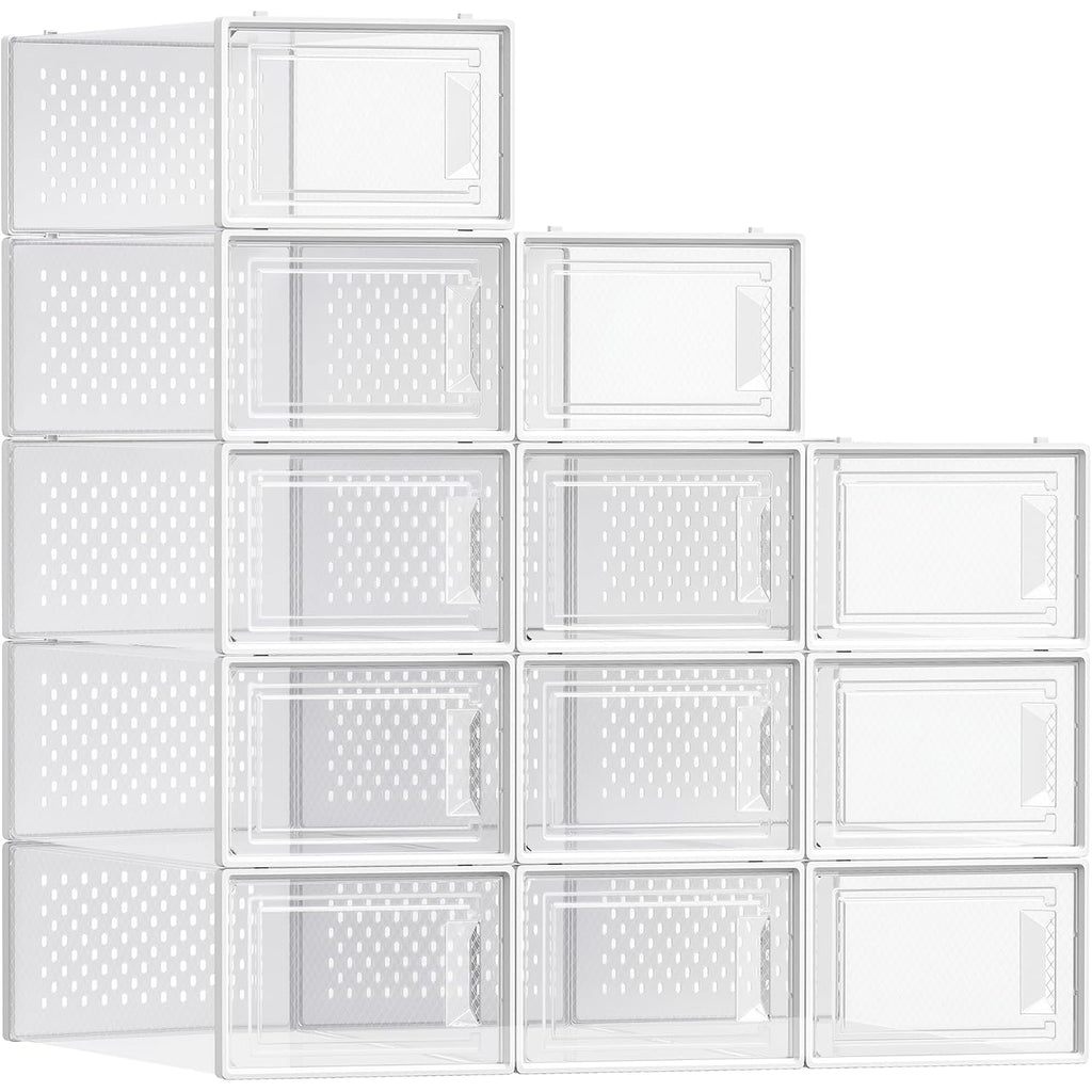 Songmics Shoe Boxes, Pack Of 12 Shoe Storage Organizers, Stackable Clear Plastic Boxes For Closet, Sneakers, 13.1 X 9.1 X 5.6 Inches, Transparent And White Ulsp12Swt