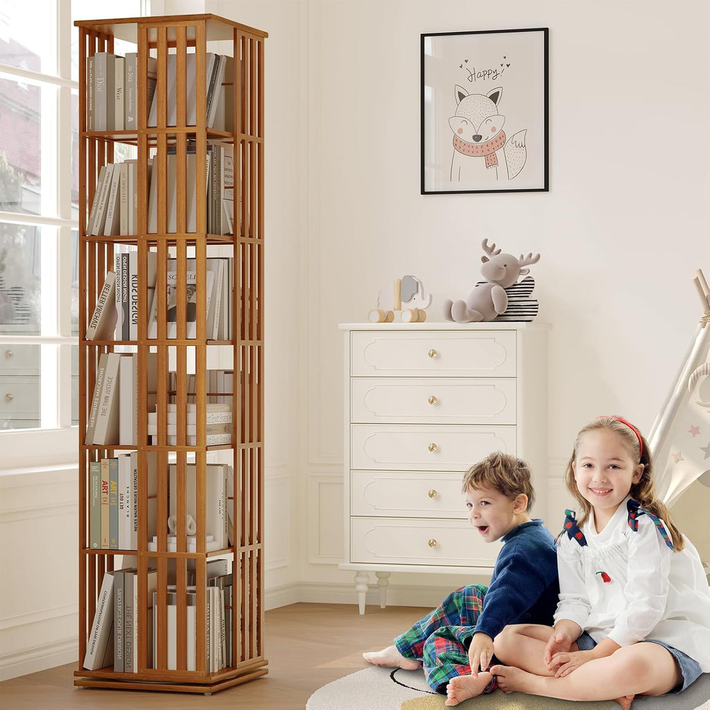 Rotating Bookshelf Tower, 360° Display Spinning Bookcase, Bamboo Bookshelf Floor Standing Storage Rack, Wood Narrow Book Shelf Organizer For Kids Adults (Walnut, 6 Tier)