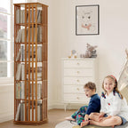 Rotating Bookshelf Tower, 360° Display Spinning Bookcase, Bamboo Bookshelf Floor Standing Storage Rack, Wood Narrow Book Shelf Organizer For Kids Adults (Walnut, 6 Tier)