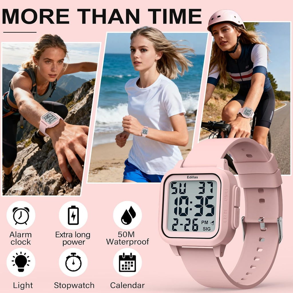 Edillas Square Sport Watch Digital For Women'S Men'S Big Numbers Large Face 5Atm Waterproof Alarm Stopwatch Date Week Military Back Light Wristwatch For Teenagers