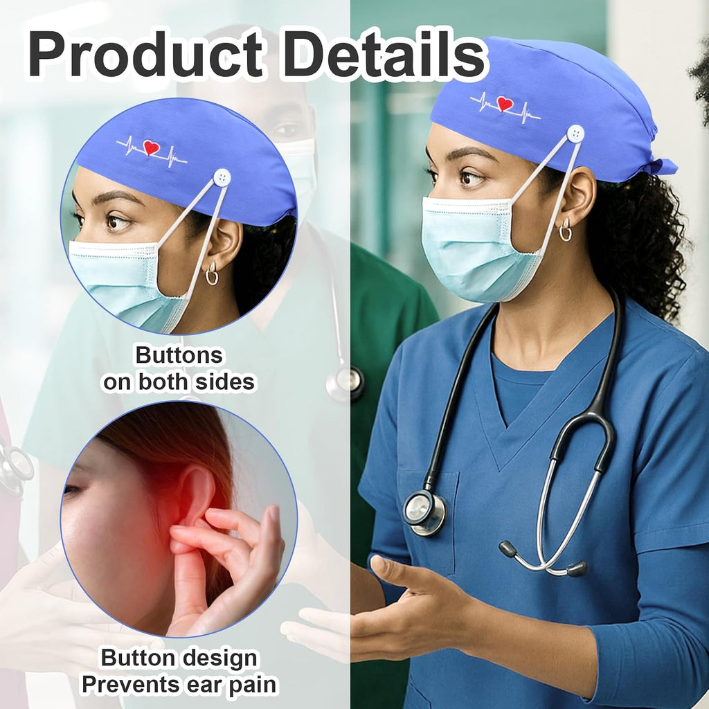 2Pcs Scrub Caps Women, Nursing Hats With Buttons & Sweatband Adjustable Bouffant Working Cap Surgery Cap Women