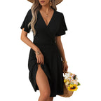 Fensace Womens Sundress Summer Floral Short Sleeve Wrap V Neck A-Line Midi Dress