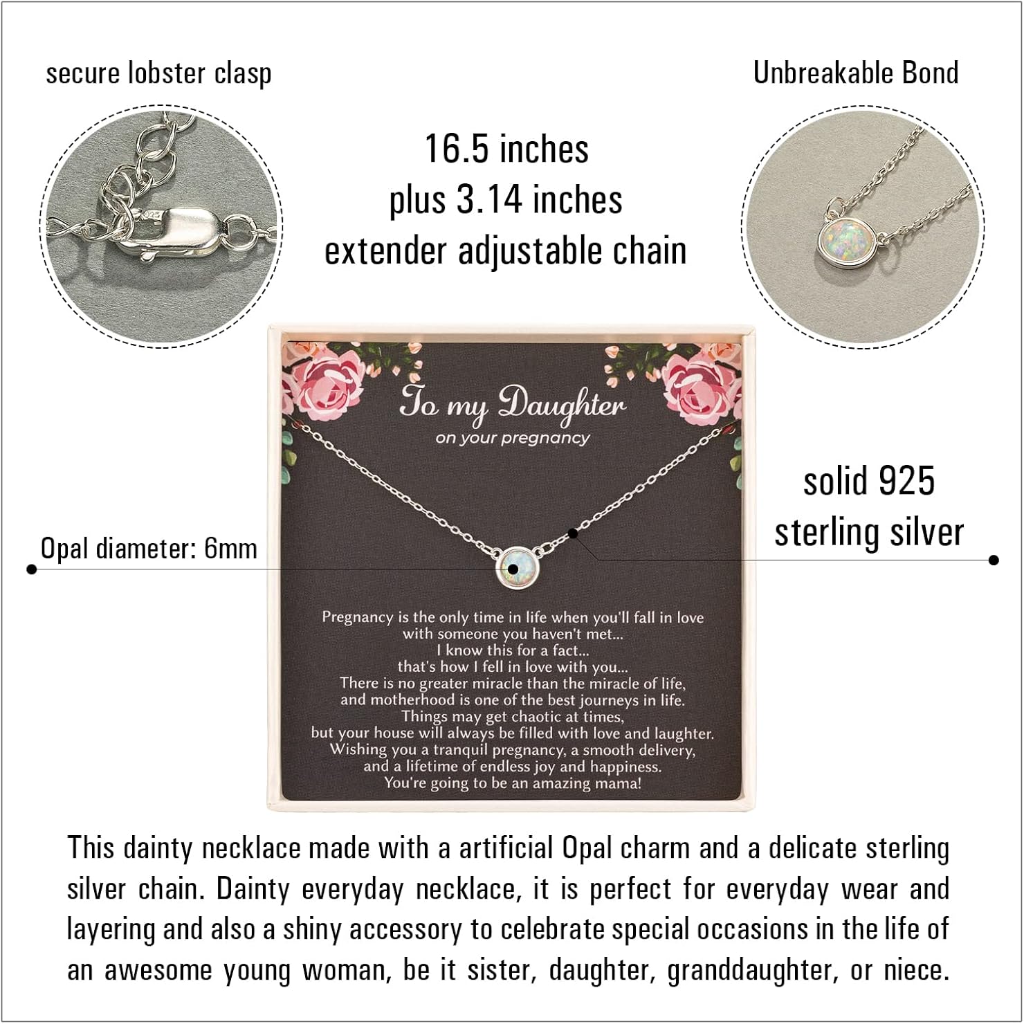 RareLove First Time Mom Gift,Daughter Pregnancy Gifts 925 Sterling Silver White Opal Necklace For Mom to be,Expecting Moms