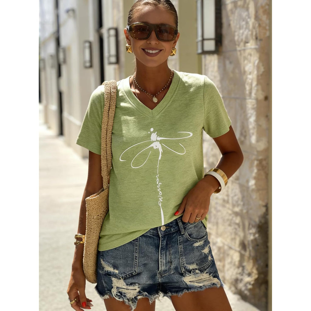 Women's T-Shirts V-Neck Dragonfly Tee Vintage Floral Shirt Boho Wildflowers Graphic Shirts Short Sleeve Tops