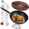 Leidawn 12.8" Carbon Steel Wok-11Pcs Woks & Stir Fry Pans Wok Pan with Lid, No Chemical Coated Chinese Woks with 10 Cookware Accessories, Flat Bottom Wok for Electric, Induction,Gas Stoves