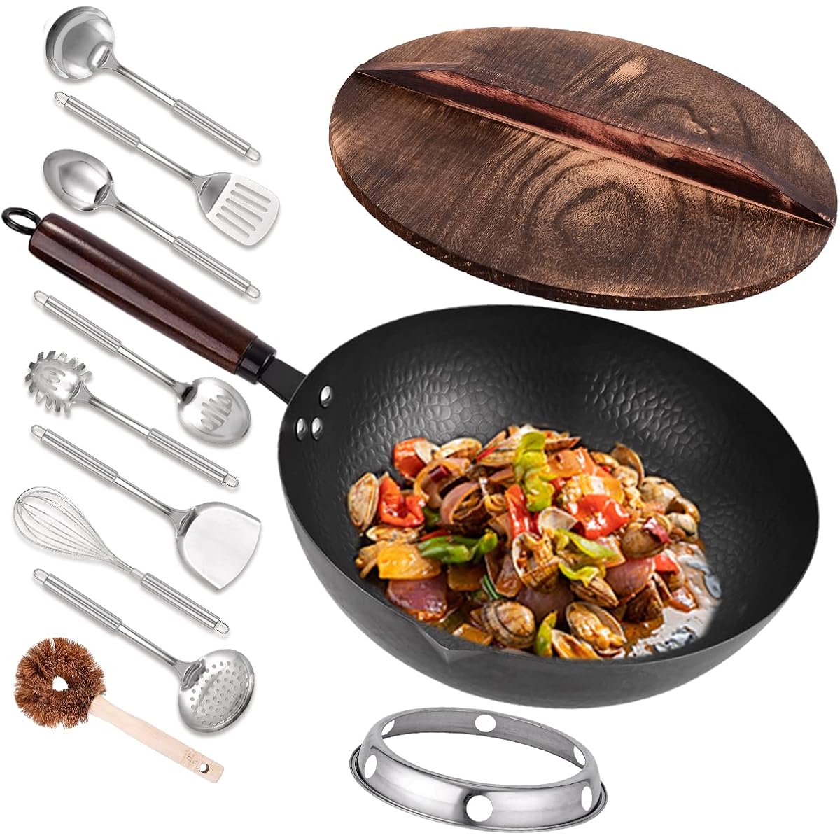 Leidawn 12.8" Carbon Steel Wok-11Pcs Woks & Stir Fry Pans Wok Pan with Lid, No Chemical Coated Chinese Woks with 10 Cookware Accessories, Flat Bottom Wok for Electric, Induction,Gas Stoves