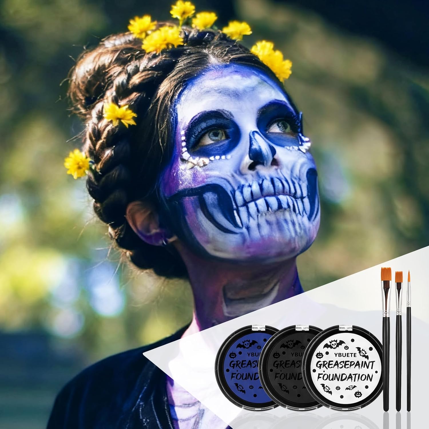 Ybuete Blue Black White Oil Based Face Paint Kit With Painting Brushes, Professional Full Coverage Greasepaint For Adults Halloween Cosplay Sfx Avatar Mermaid Makeup Stage Theater