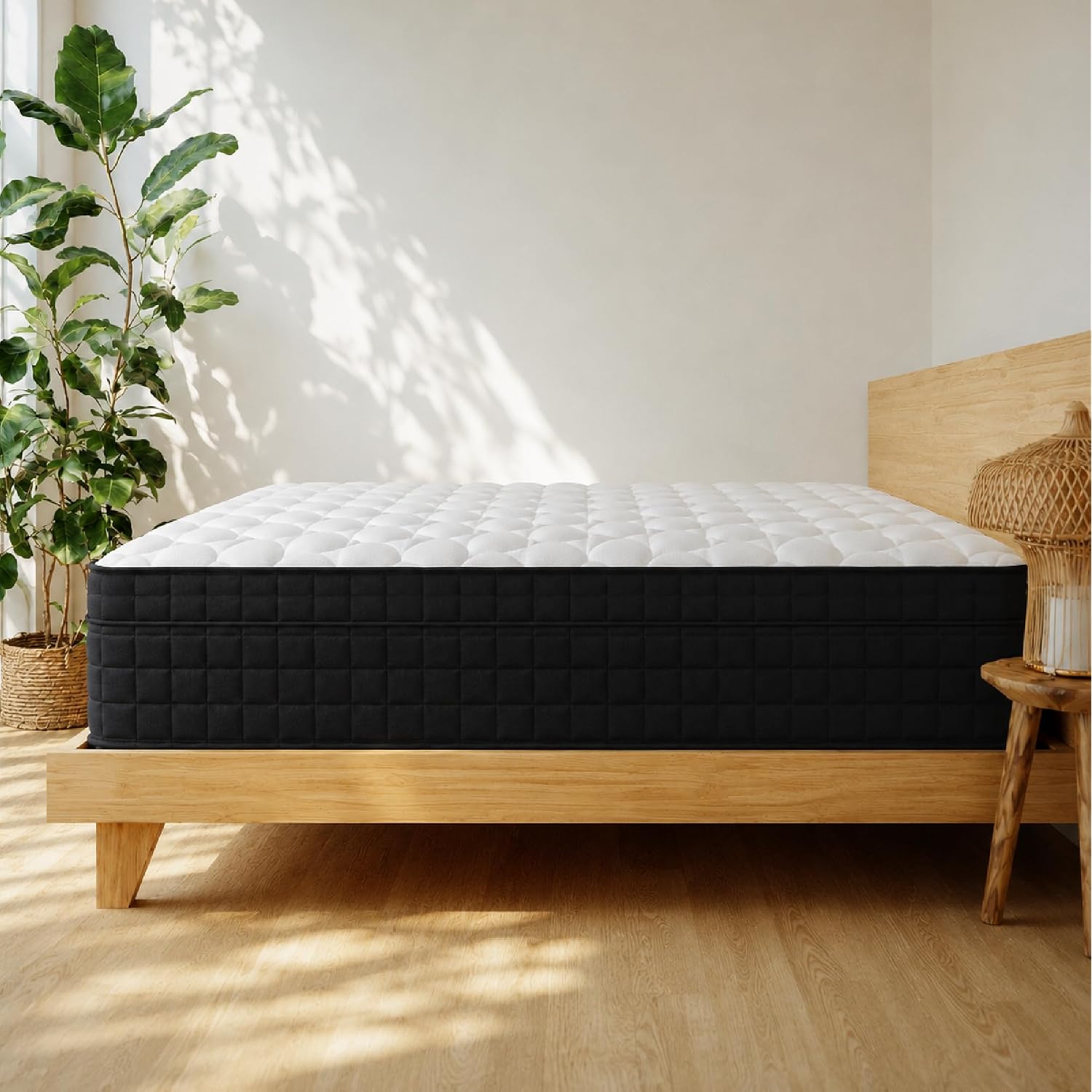 King Size 12 Inch Hybrid Innerspring Mattress, Individual Pocket Coils Gel Memory Foam, Medium Soft Black & White Cover, Fiberglass Free Certipur-Us Certified Compressed Bed In A Box, 76" X 80"