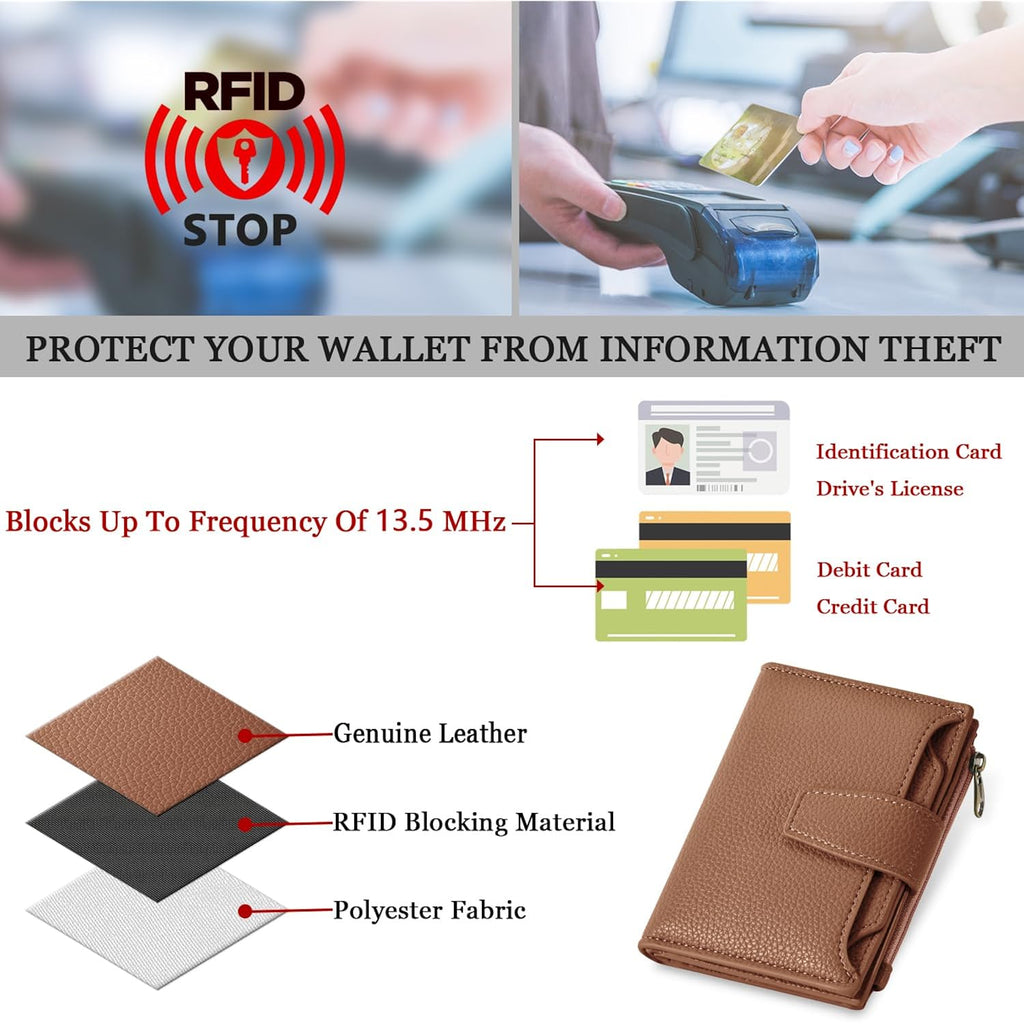 Airkit Small Wallet Women RFID Blocking Soft Leather Bifold Compact Card Holder Wallet for Women with Zipper Coin Pocket 4 ID Window