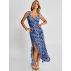 Anrabess Womens Sexy V Neck Sleeveless Wedding Guest Dresses Spring Mesh Bodycon High Slit Ruffle Hem Cocktail Maxi Dress