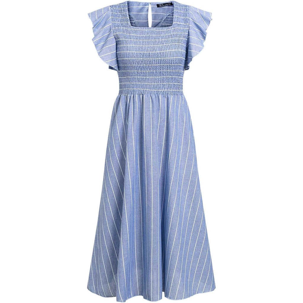 Womens Summer Smocked Midi Dress Casual Flutter Sleeve Long Boho Flowy A Line Church Modest Dresses With Pockets