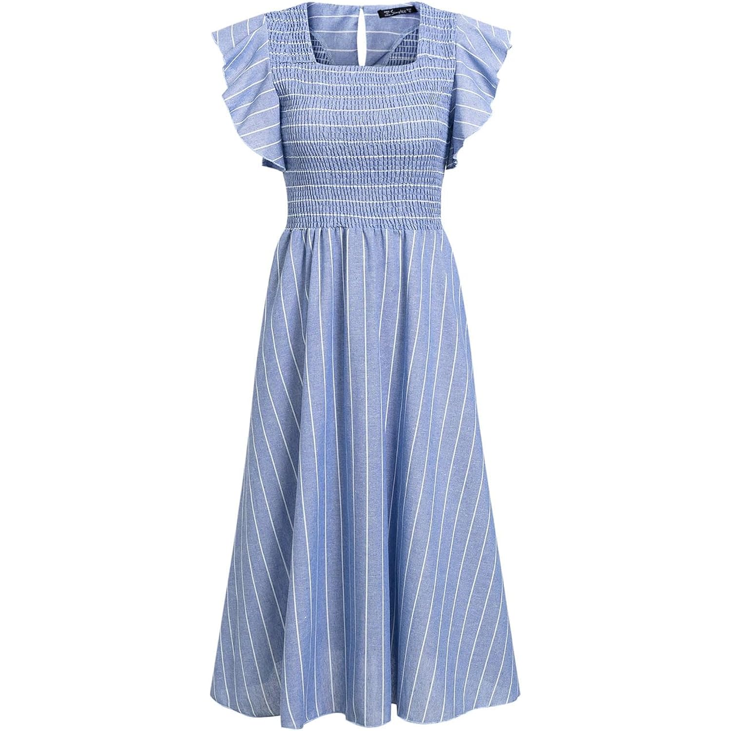 Womens Summer Smocked Midi Dress Casual Flutter Sleeve Long Boho Flowy A Line Church Modest Dresses With Pockets