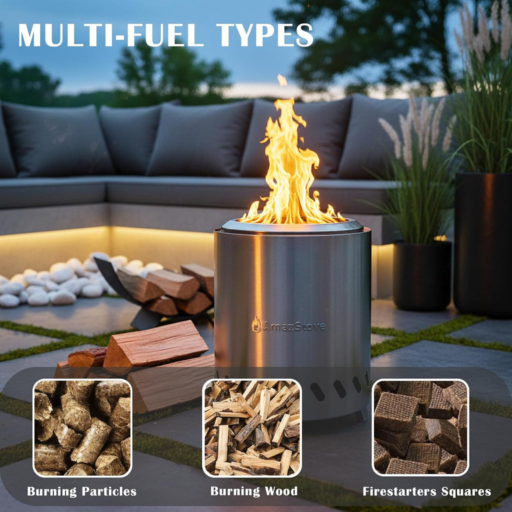 9.7 X 7.1 Inch Tabletop Fire Pit By Amazstove, Low Smoke Camping Stove For Outdoor Safe Burning Firepits, Fueled Pellets Or Wood, Travel Bag Included (Silver, 9.7 X 7.1 Inch)