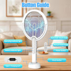 Rotating Head Electric Fly Swatter Racket, Bug Zapper Indoor With Long Telescopic Extension 4000V Usb Rechargeable Mosquito Zapper Killer With Charging Base, 3 Modes Automatic & Manual (White)