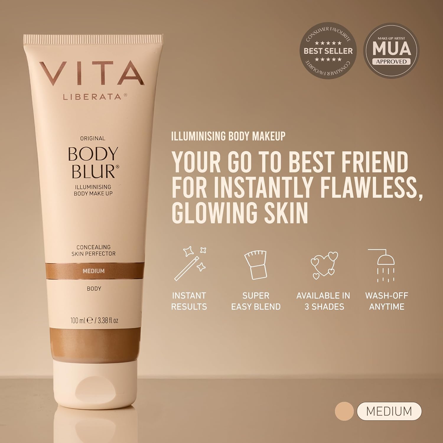 Vita Liberata Body Blur, Leg and Body Makeup. Skin Perfecting Body Foundation for Flawless Bronze, Easy Application, Radiant Glow, Evens Skin Tone, New Packaging