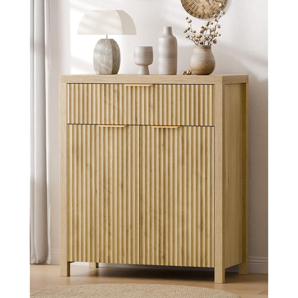 Fluted Buffet Cabinet For Kitchen, 28.3" Sideboard Cabinet Natural | Adjustable Shelves, Quiet Full-Extension Slides, Curved Metal Handle, Coffee Bar With Drawers For Dining Room, Entryway