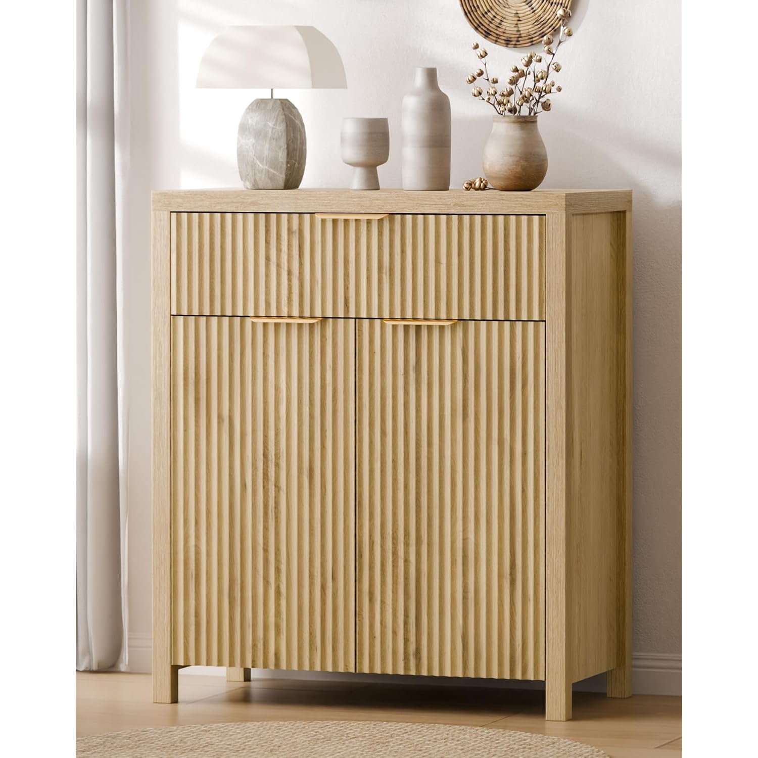 Fluted Buffet Cabinet For Kitchen, 28.3" Sideboard Cabinet Natural | Adjustable Shelves, Quiet Full-Extension Slides, Curved Metal Handle, Coffee Bar With Drawers For Dining Room, Entryway