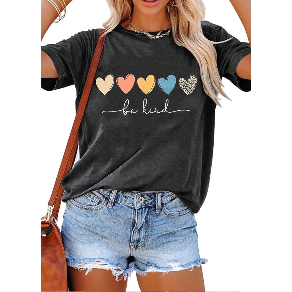 YEXIPO Womens Graphic Tees Short Sleeve Summer Tops Funny Letter Print Crew Neck Casual Loose Cute T Shirts Heart Kind-grey
