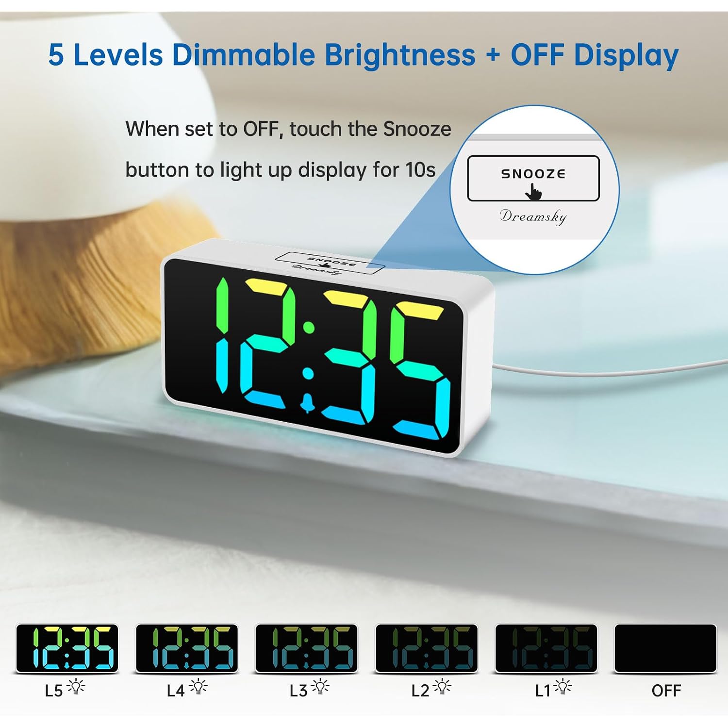 Dreamsky Small Digital Alarm Clock For Bedroom, Rgb Desk Clock For Kid Girl | Electric Clock With Large Numbers For Bedside Nightstand, Dimmer, Adjustable Alarm Volume, Usb Port, Usb-C Adapter Powered