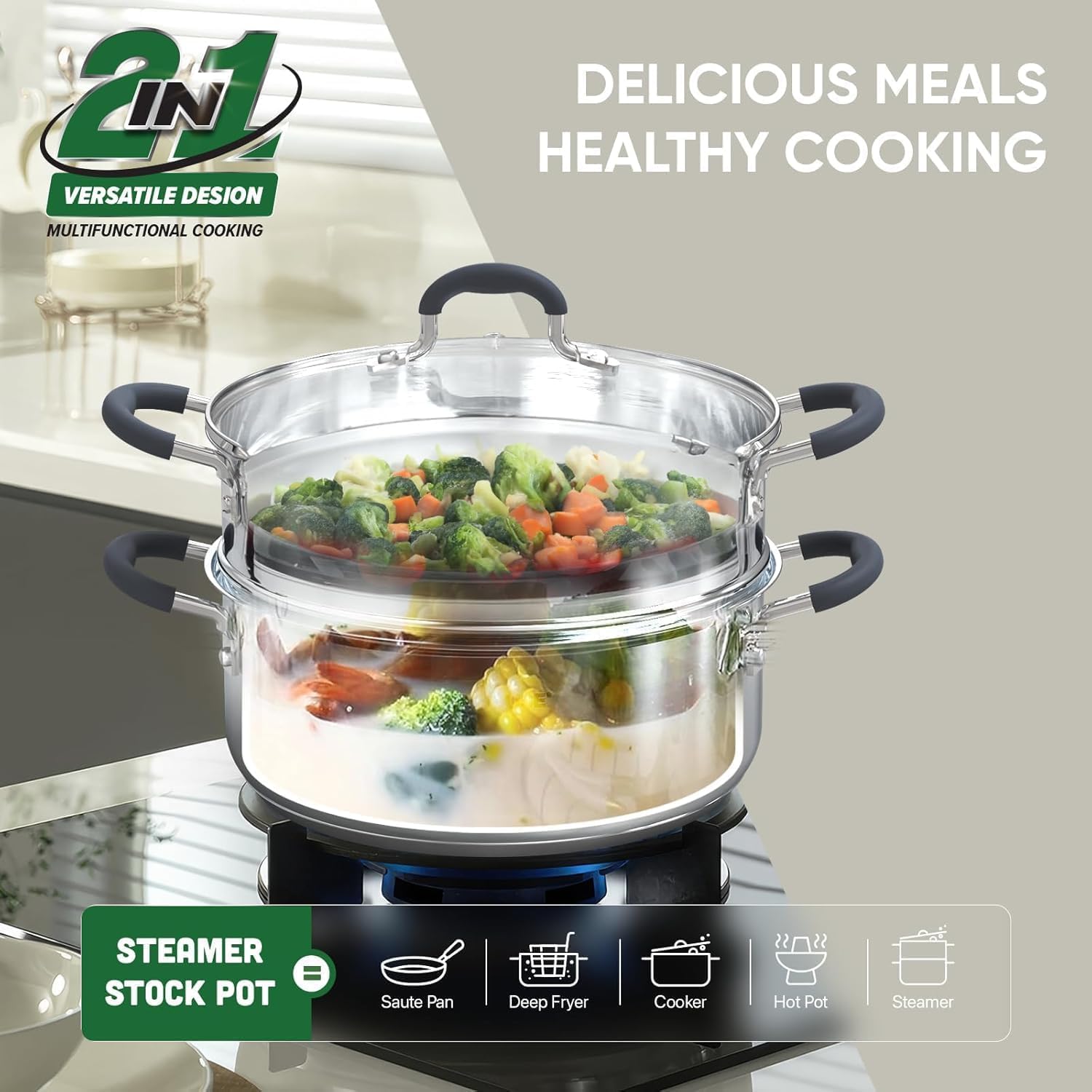 SUNHOUSE Stainless Steel Steamer Pot for Cooking - 3.1 QT Steaming Pot with Glass Lid & Steamer Basket - 2 Tier Tri-ply Vegetable Steamer with Stay-Cool Silicone Handles - Induction Compatible