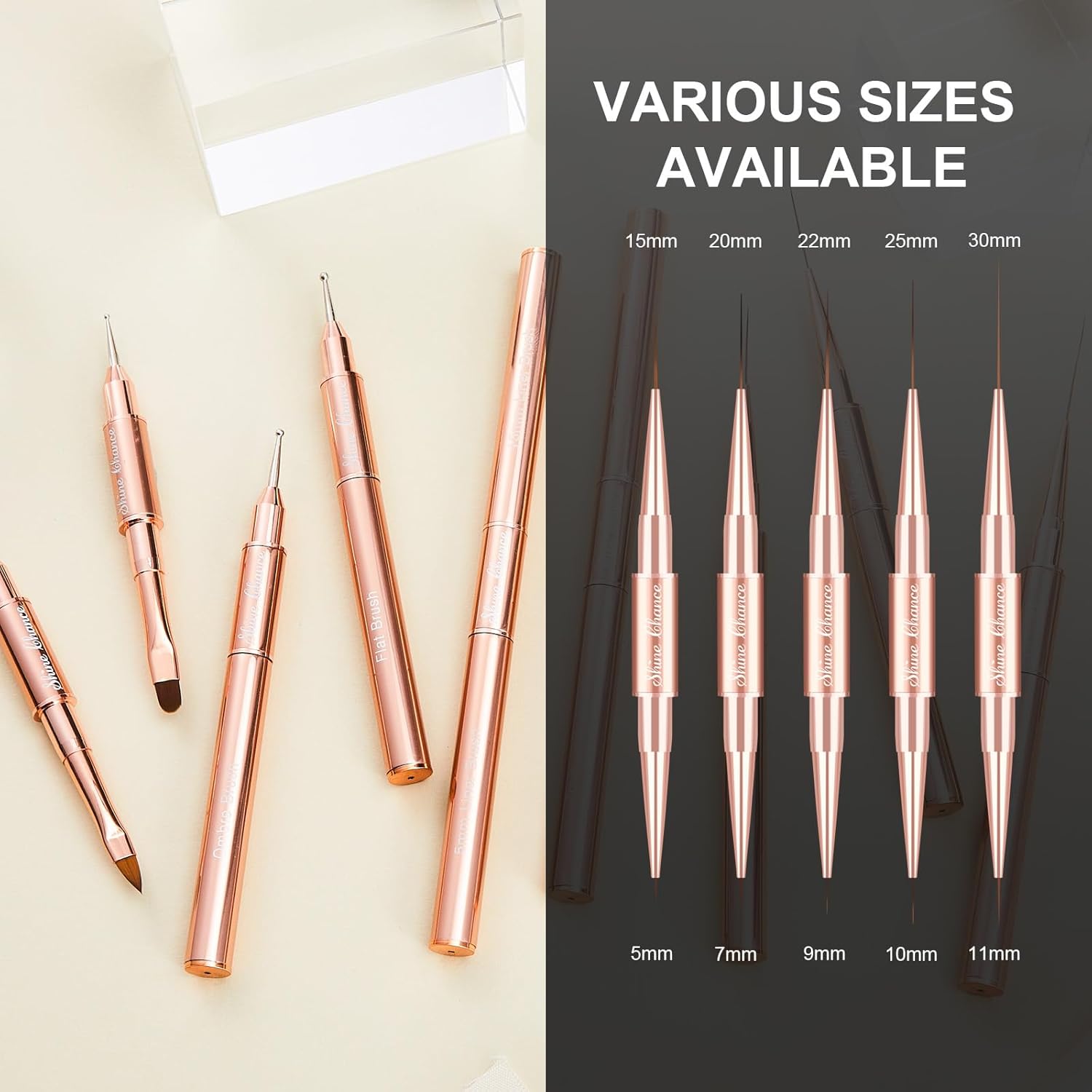 9Pcs Nail Art Brushes Set, Professional Double-Ended Acrylic Liner Detail Brushes for Gel Polish Art Nail, 3D Art Nail Dotting Brush Pen for Manicure DIY Home Salon, Rosegold