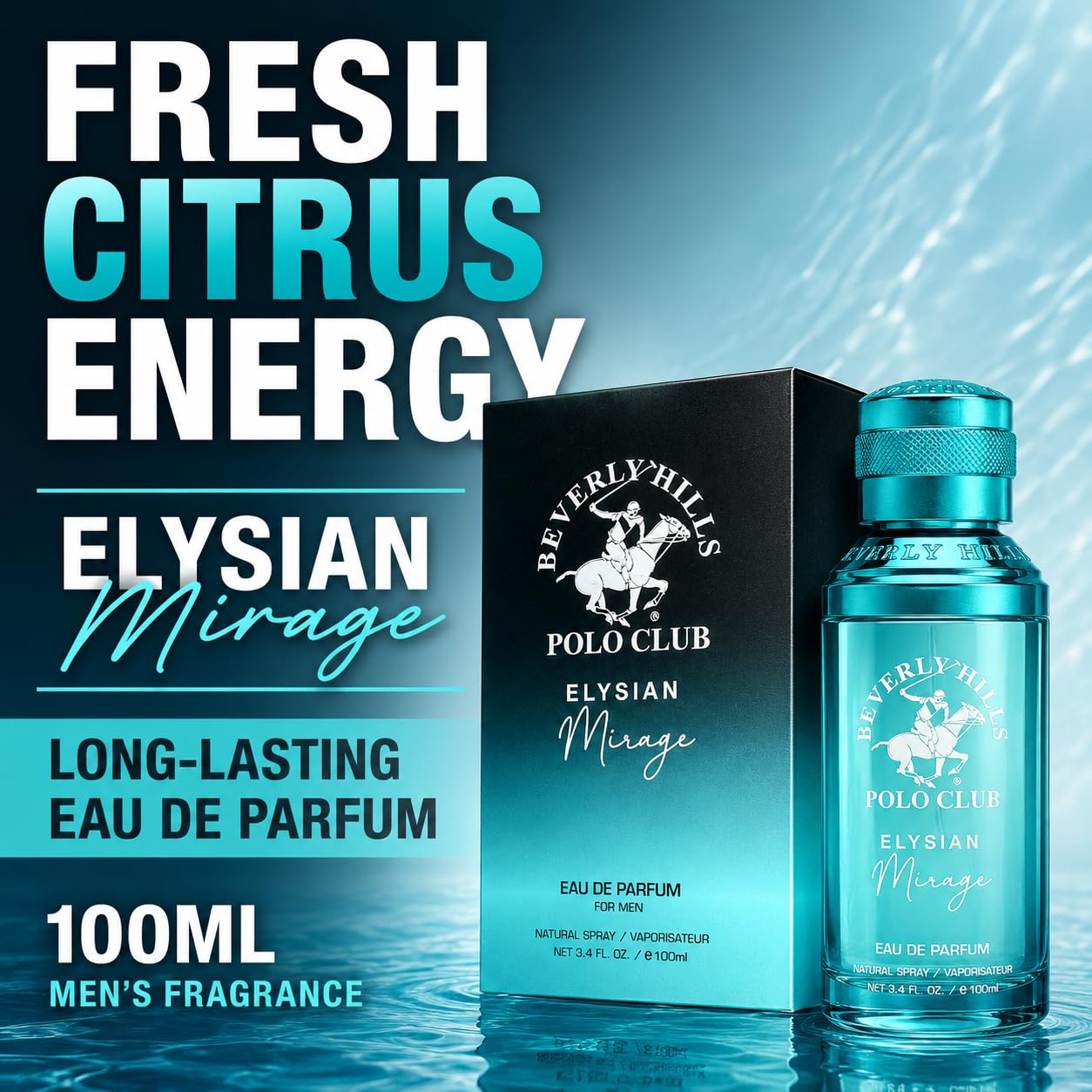 Beverly Hills Polo Club Elysian Mirage Eau De Parfum For Men – 3.4 Fl Oz / 100Ml | Fresh Citrus & Ginger Cologne | Long Lasting All Day Wear