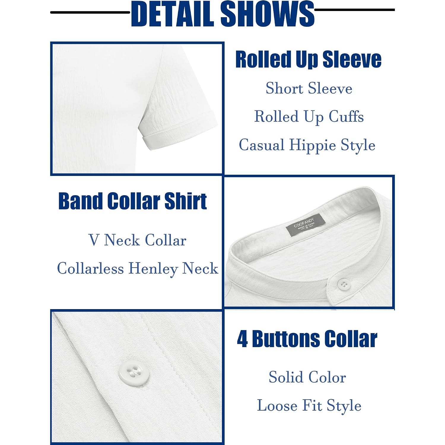 Coofandy Men'S Casual Henley Shirt Band Collar Short Sleeve Shirt Summer Beach Hippie T-Shirt