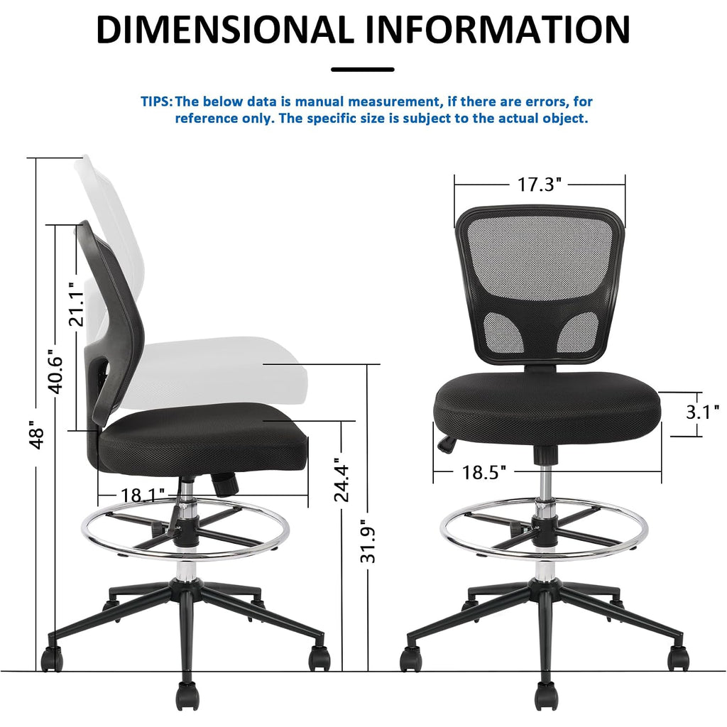 Armless Drafting Chair Tall Office Chair Adjustable Height High Back Ergonomic Desk Chair Drafting Stool Rolling Bar Stools Chairs With Footrest And Wheels