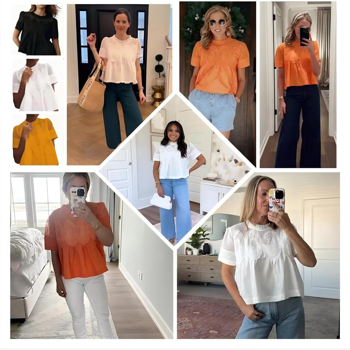 Vaoyiu Women Lace-Detail Flared Blouse Short-Sleeve Crew Neck Lace Poplin Mesh Swing Top Elegant Loose Intricate Back Design