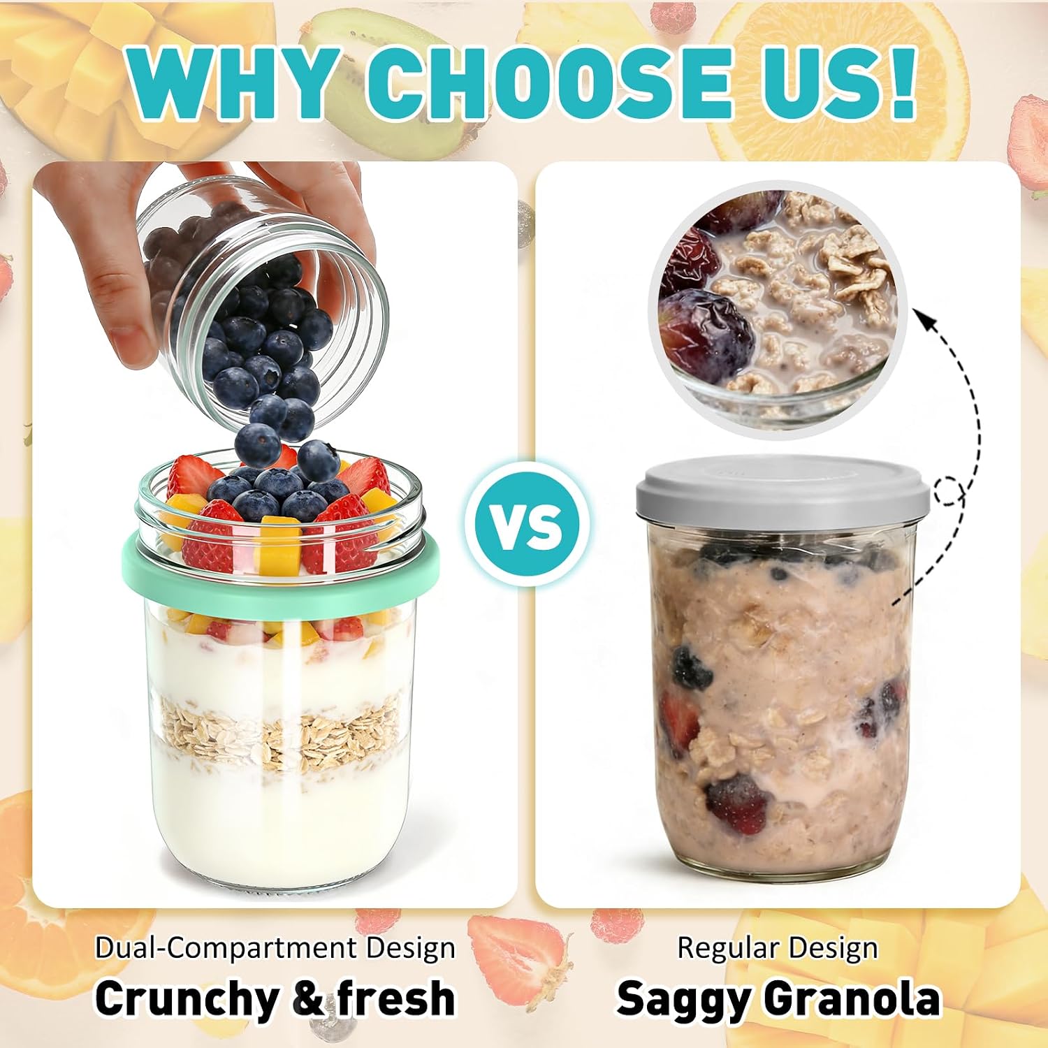 4 Pack Overnight Oats Containers With Lids And Spoons, 20 Oz (16+4) Overnight Oats Jars, Glass Mason Jars With Dry And Wet Separation For Oatmeal Salad Yogurt, Dual-Layer Yogurt Containers With Lids