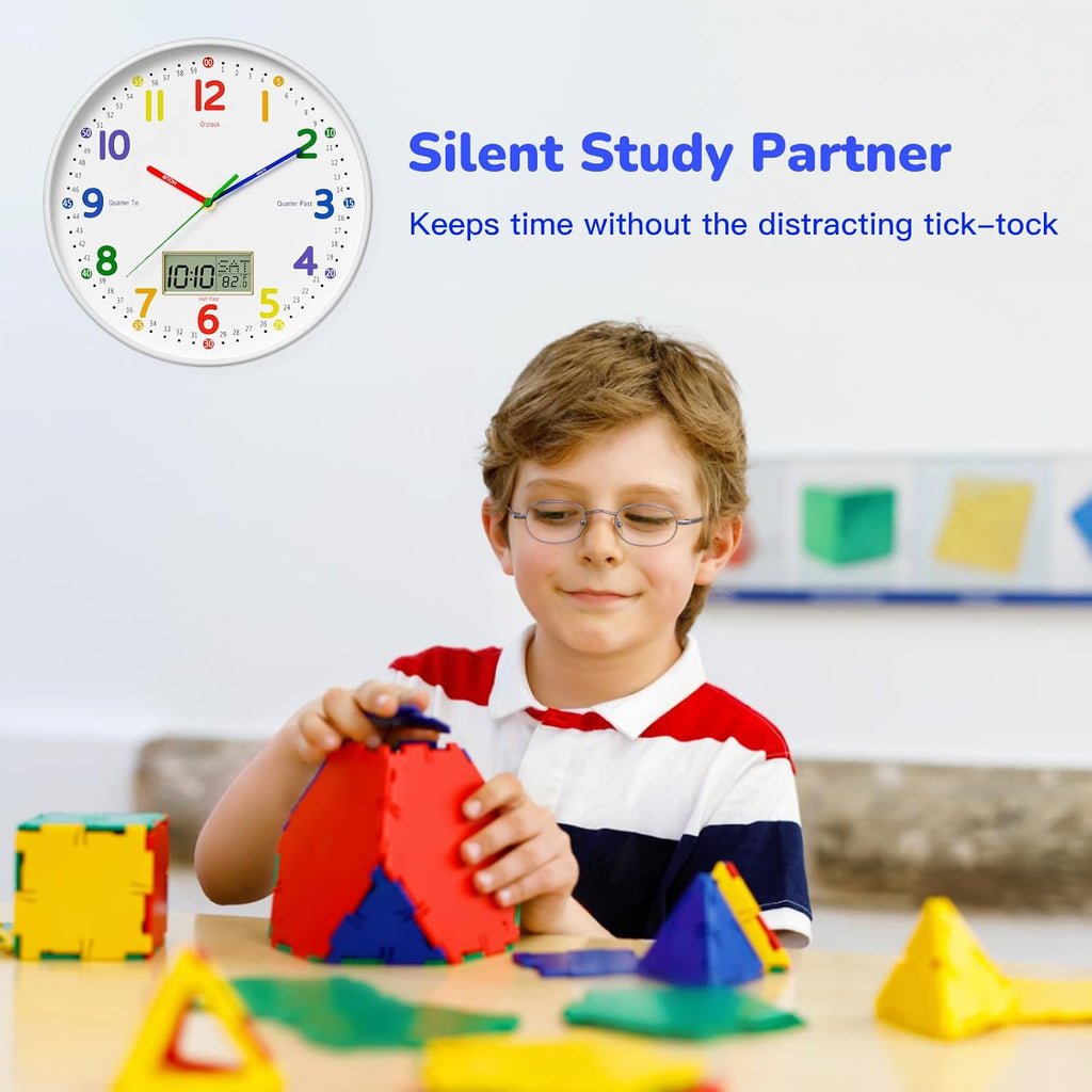 12" Silent Teaching Wall Clock With Lcd Date Weekday Temperature Display – Tempered Glass, Non-Ticking Battery Operated Learning Clock For Kids Room, Classroom, Home Decor
