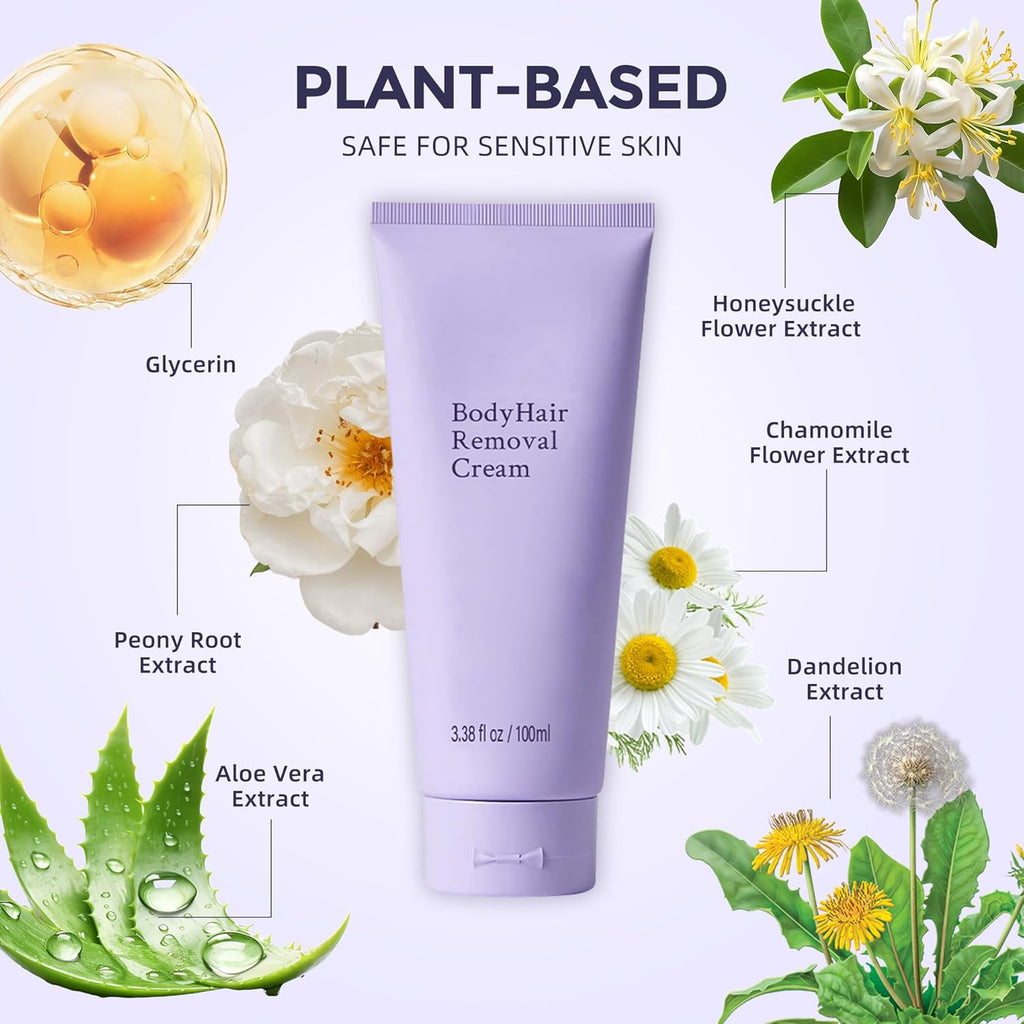Hair Removal Cream for Women, Plant-Based Sensitive Skin Formula, Fast-Acting Depilatory Cream for Legs/Arms/Underarms/Stomach/Bikini Line, 2-in-1 Hair Removal (3.38 Fl Oz (Pack of 1))