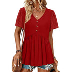 Ofeefan Womens Summer Tops Babydoll Short Sleeve Shirts Button Down Lace Sleeve Peplum Tunic Tops V Neck T Shirts