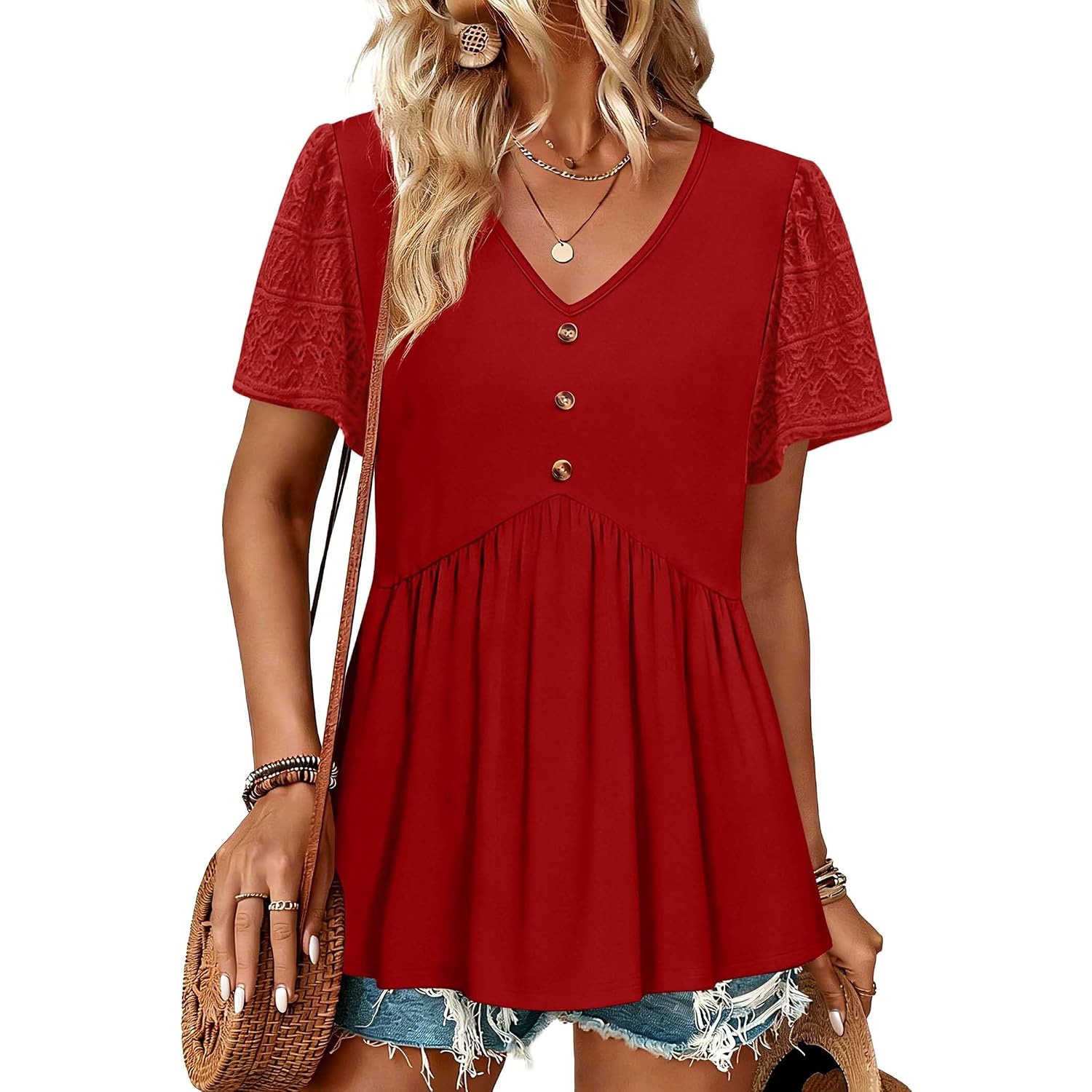 Ofeefan Womens Summer Tops Babydoll Short Sleeve Shirts Button Down Lace Sleeve Peplum Tunic Tops V Neck T Shirts