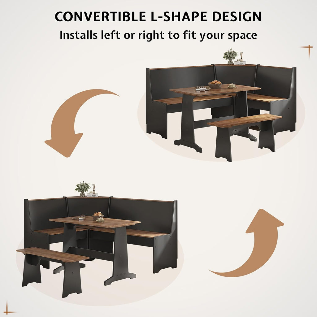 3-Piece Corner Dining Set With Hidden Storage, Black Oak | Breakfast Nook, L-Shaped Corner Bench, Hidden Storage, Space Saving Design For Small Space, Kitchen Dining Room Furniture
