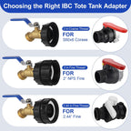 275-330 Gallon Ibc Tote Hose Adapter,3-Size Ibc Tote Adapter, 2.44" Fine、2 "Fine, And 2" Coarse Thread,3/4" Male Npt Inlet ×3/4" Male Ght Brass Hose Faucet Garden Hose Connector