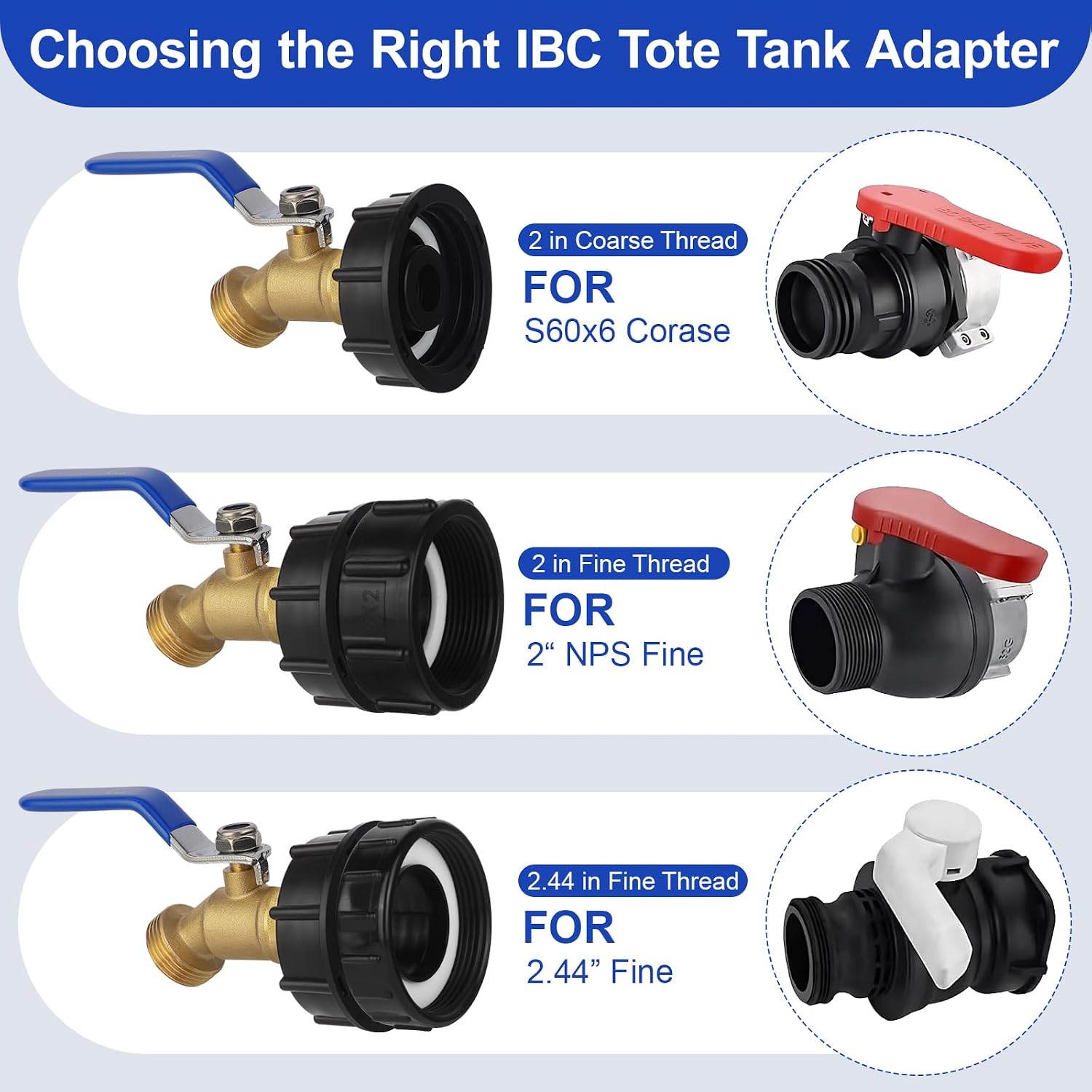 275-330 Gallon Ibc Tote Hose Adapter,3-Size Ibc Tote Adapter, 2.44" Fine、2 "Fine, And 2" Coarse Thread,3/4" Male Npt Inlet ×3/4" Male Ght Brass Hose Faucet Garden Hose Connector